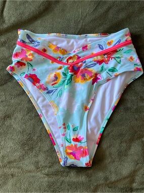High Waisted Floral Bikini Bottoms in Mint with Pink Trim
